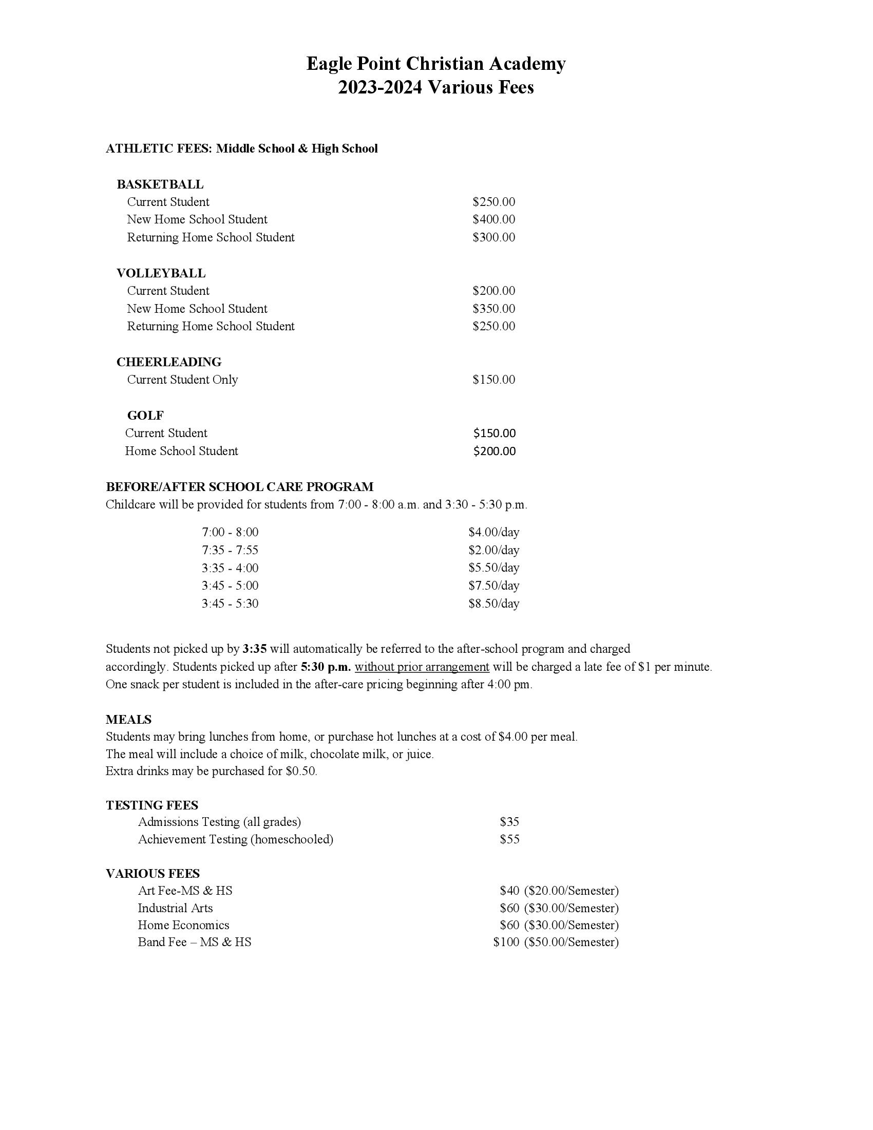Tuition and Fees Eagle Point Christian Academy